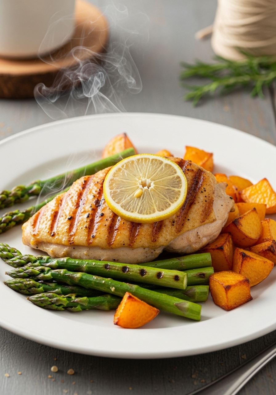 Pollo Grigliato Limone, Asparagi e Patate Dolci