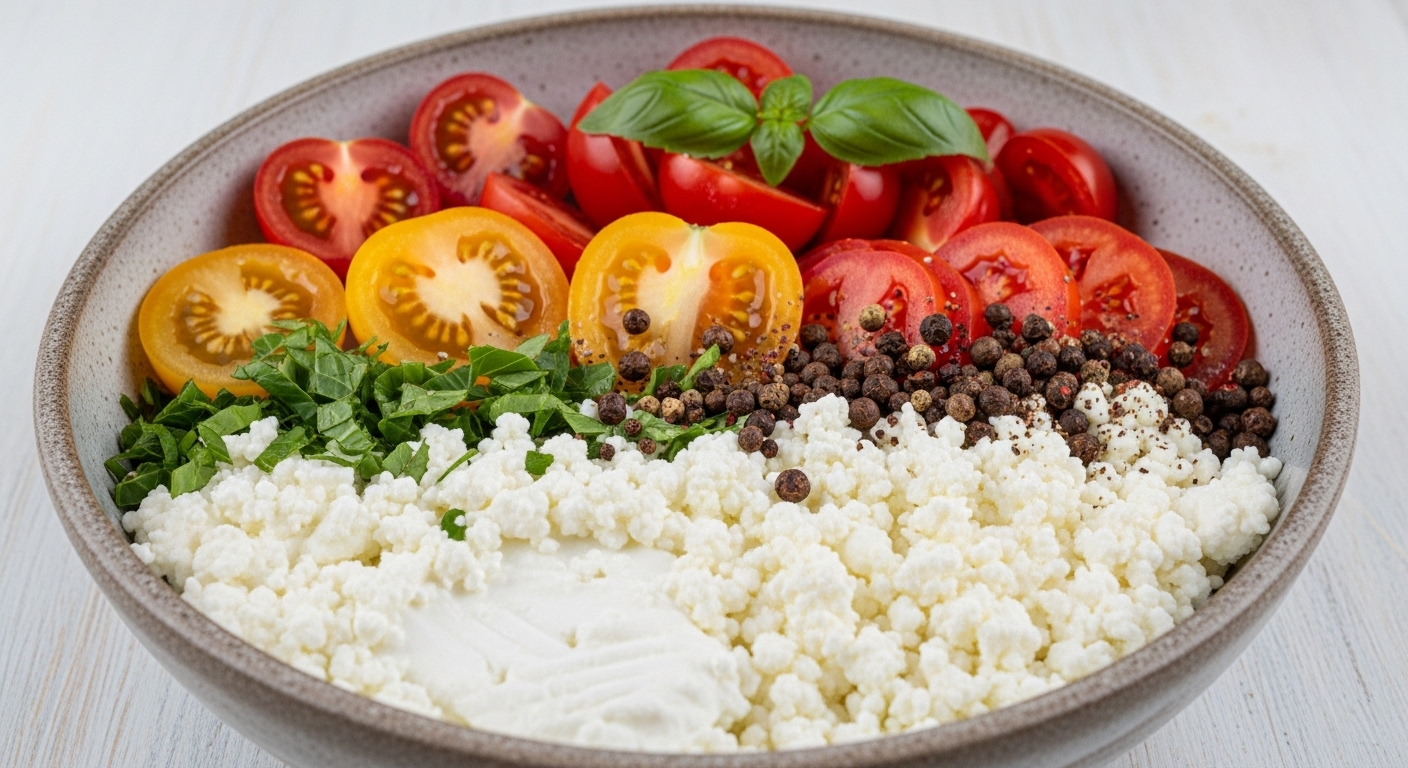 Cottage Cheese Bowl: Pomodori, Cetrioli, Menta e Olio EVO