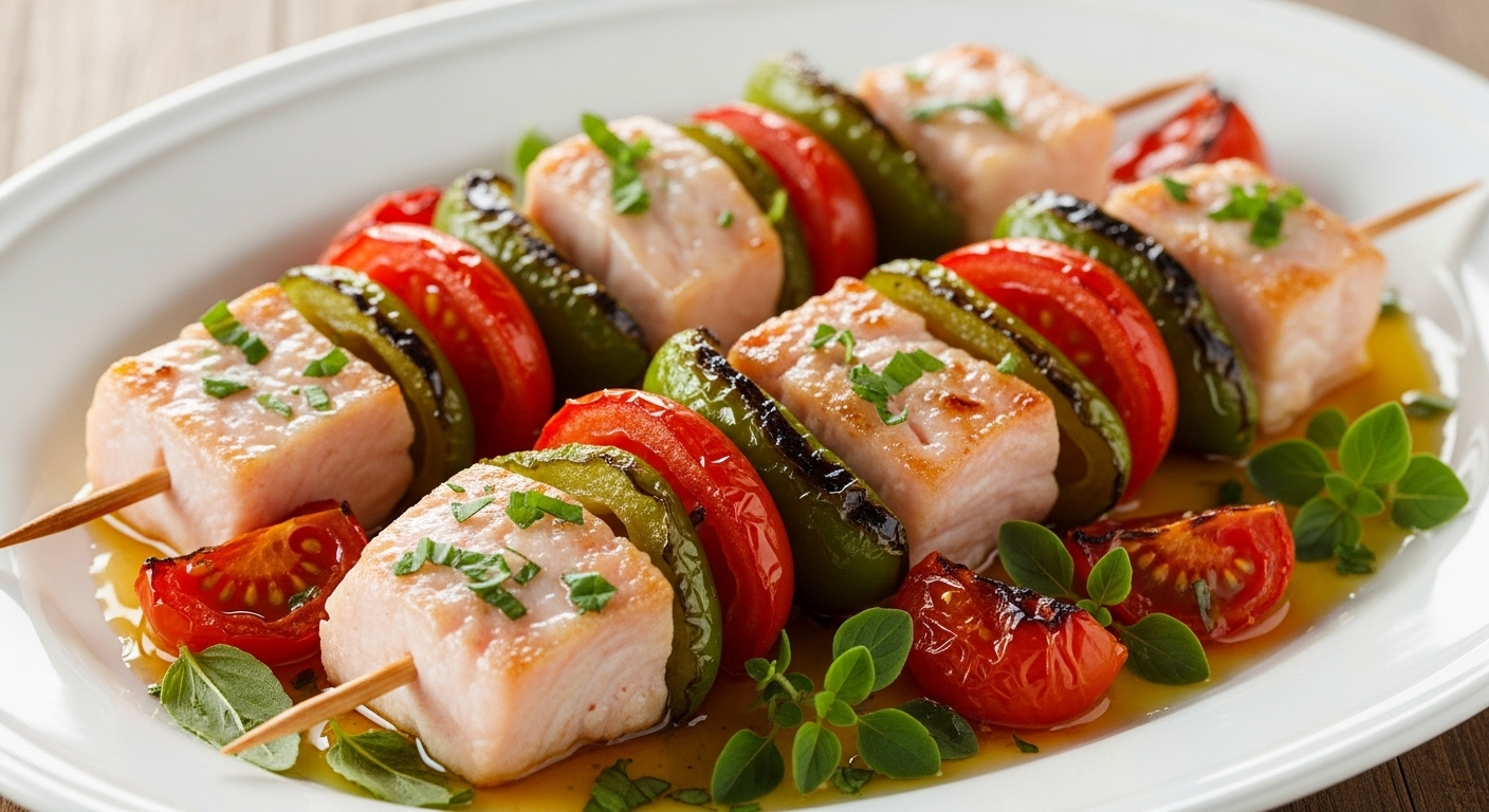 Spiedini di Pesce Spada, Peperoni e Pomodorini Grigliati