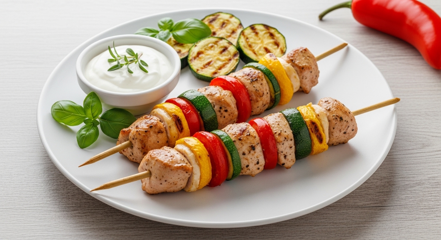 Spiedini Grigliati Pollo, Peperoni e Zucchine