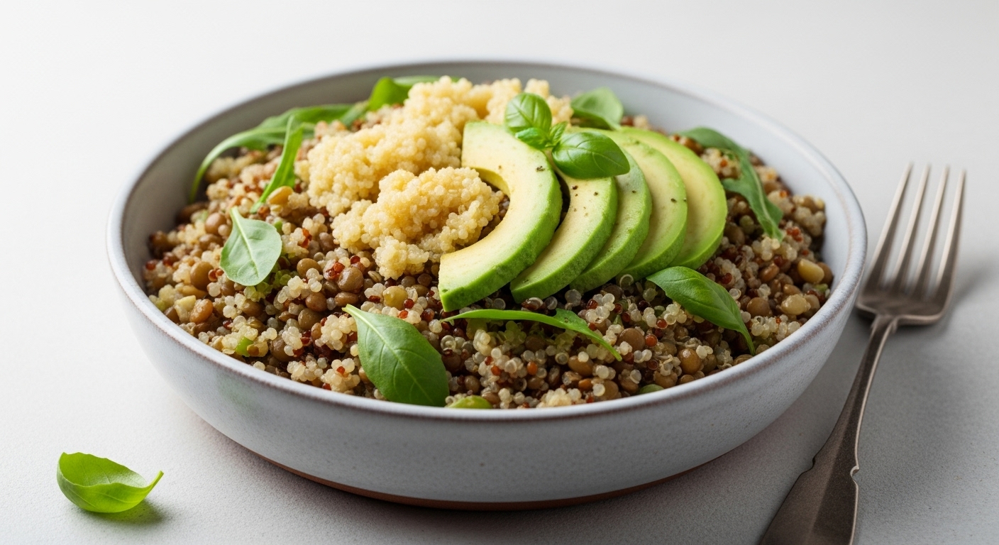 Insalata di quinoa, lenticchie e avocado