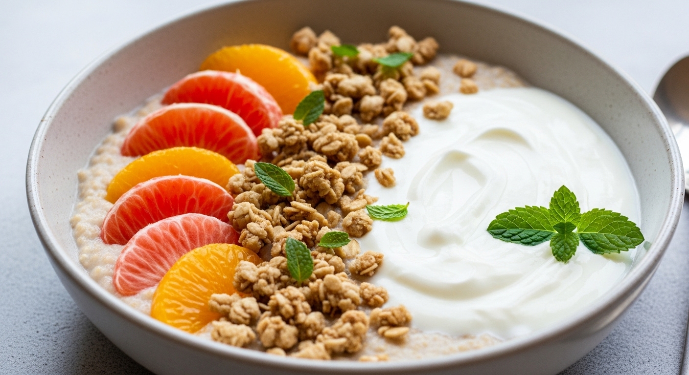 Porridge Saziante: Yogurt Greco, Pesca e Granola Light