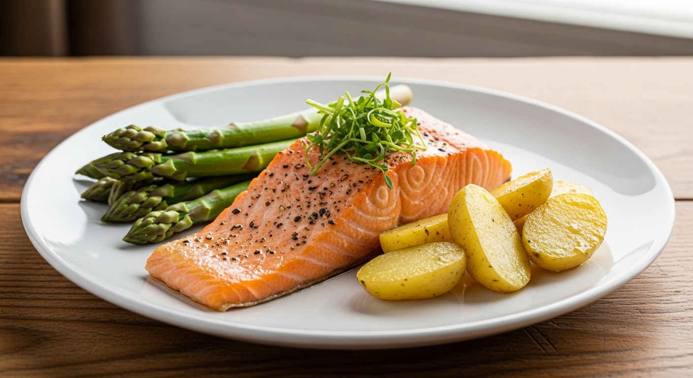 Salmone al Forno, Asparagi Croccanti e Patate Dolci
