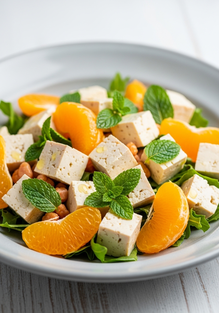 Insalata Semplice di Tofu Croccante con Arancia e Menta