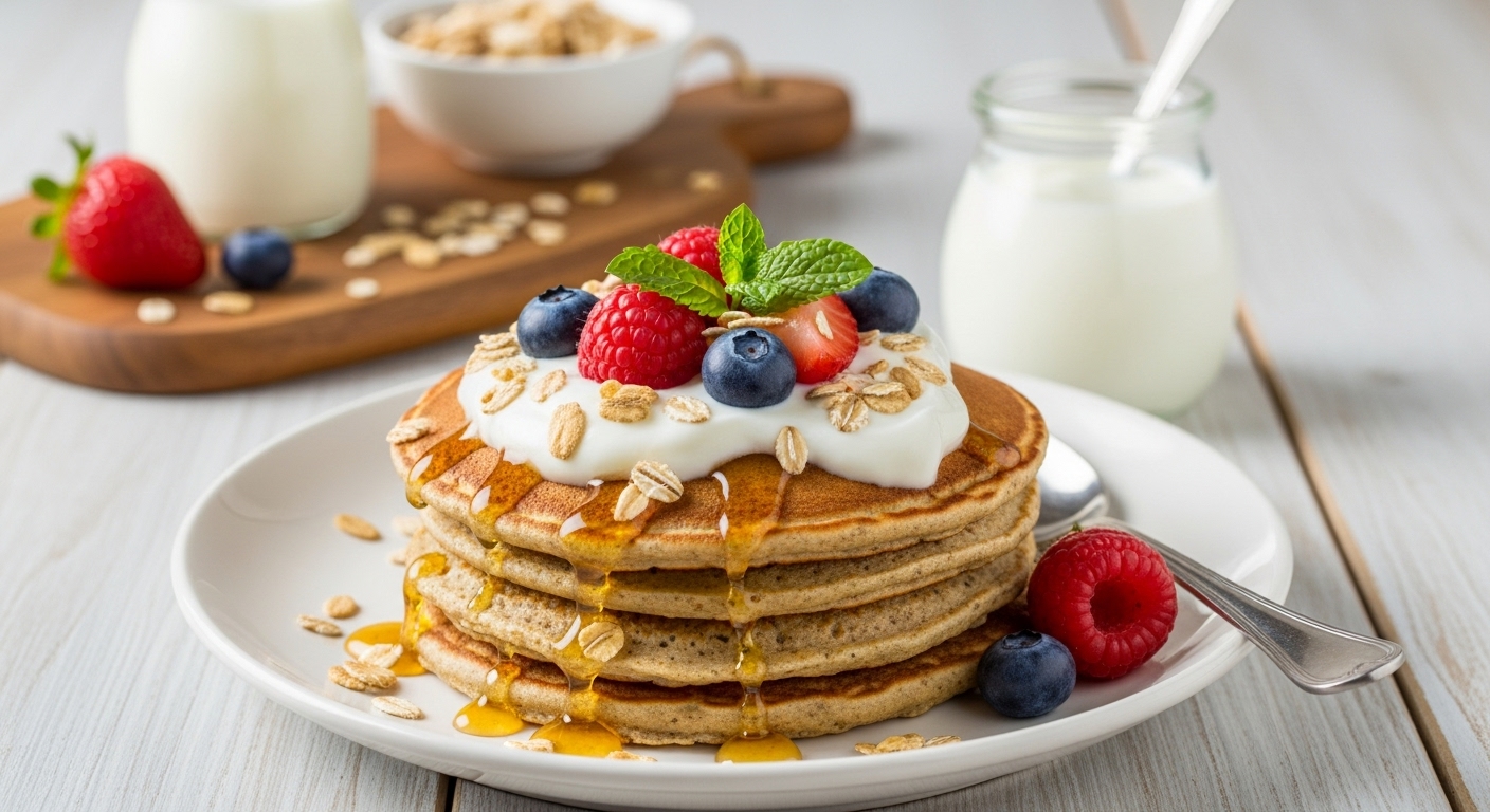 Pancakes di Farina d'Avena con Yogurt Greco e Miele Light