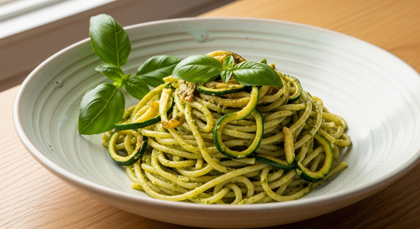 Pasta integrale con pesto leggero di zucchine e noci
