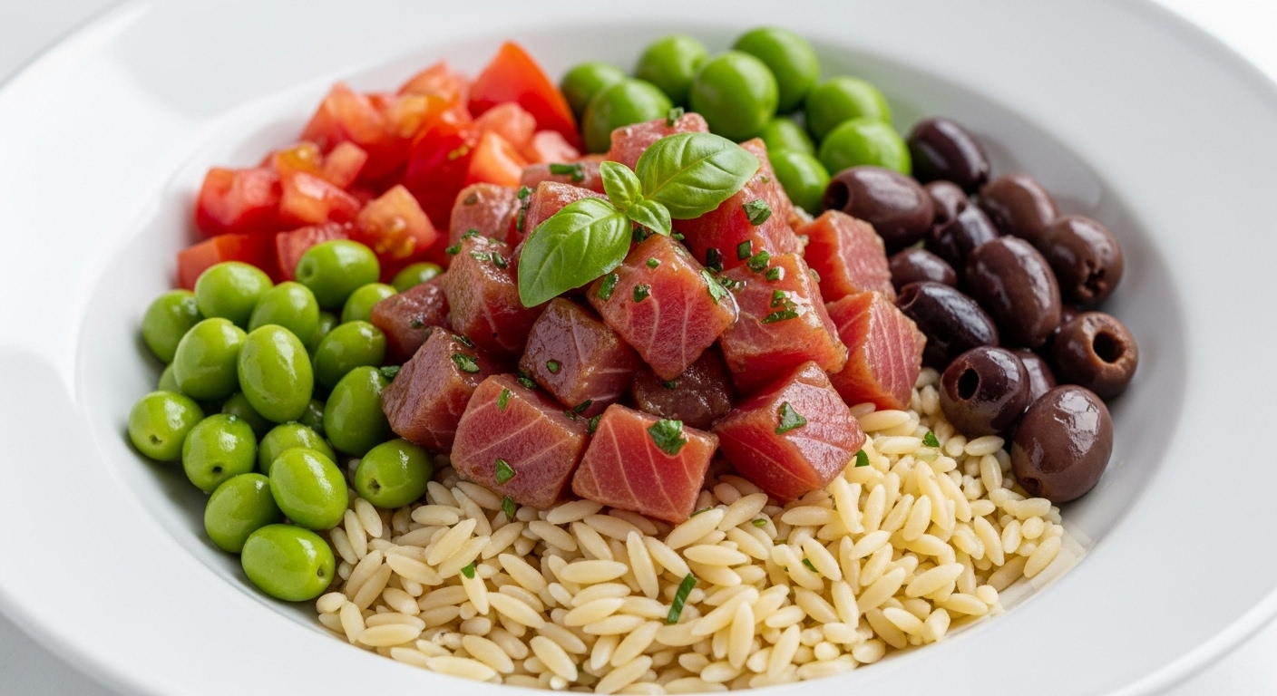 Poke Bowl Mediterranea: Tonno, Olive, Pomodori e Orzo