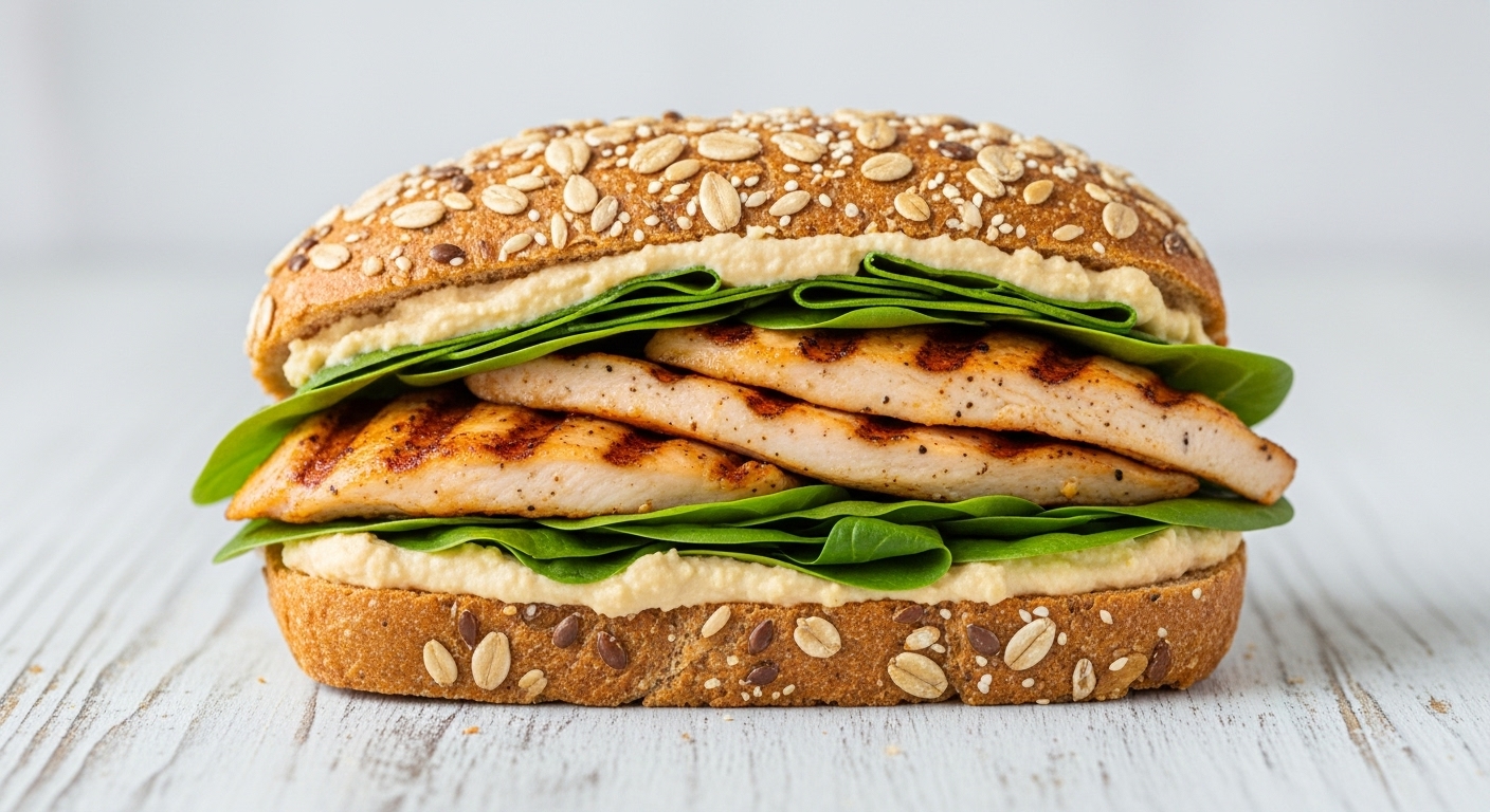 Panino Proteico: Pollo Grigliato, Spinaci Freschi e Hummus
