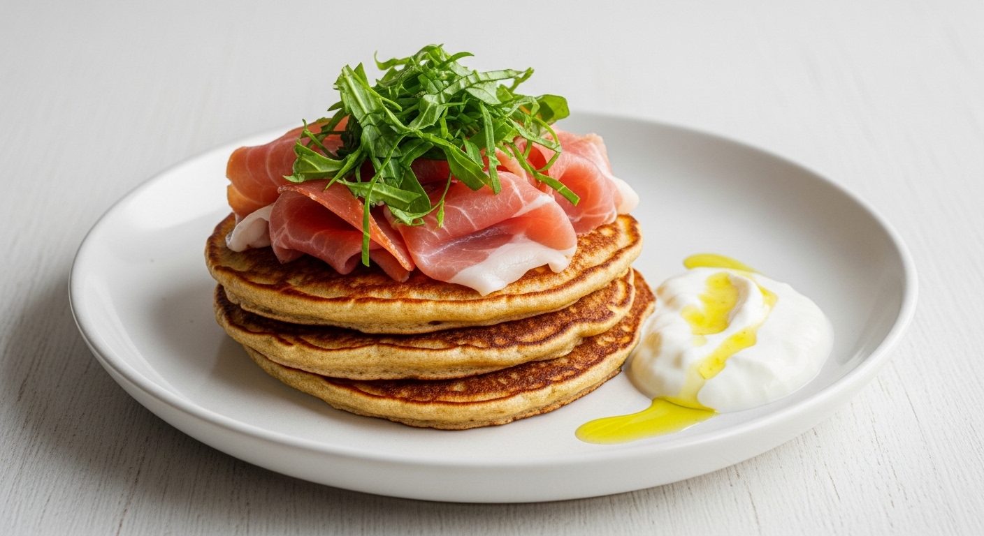 Pancakes Proteici Salati con Prosciutto Cotto Magro e Erba Cipollina