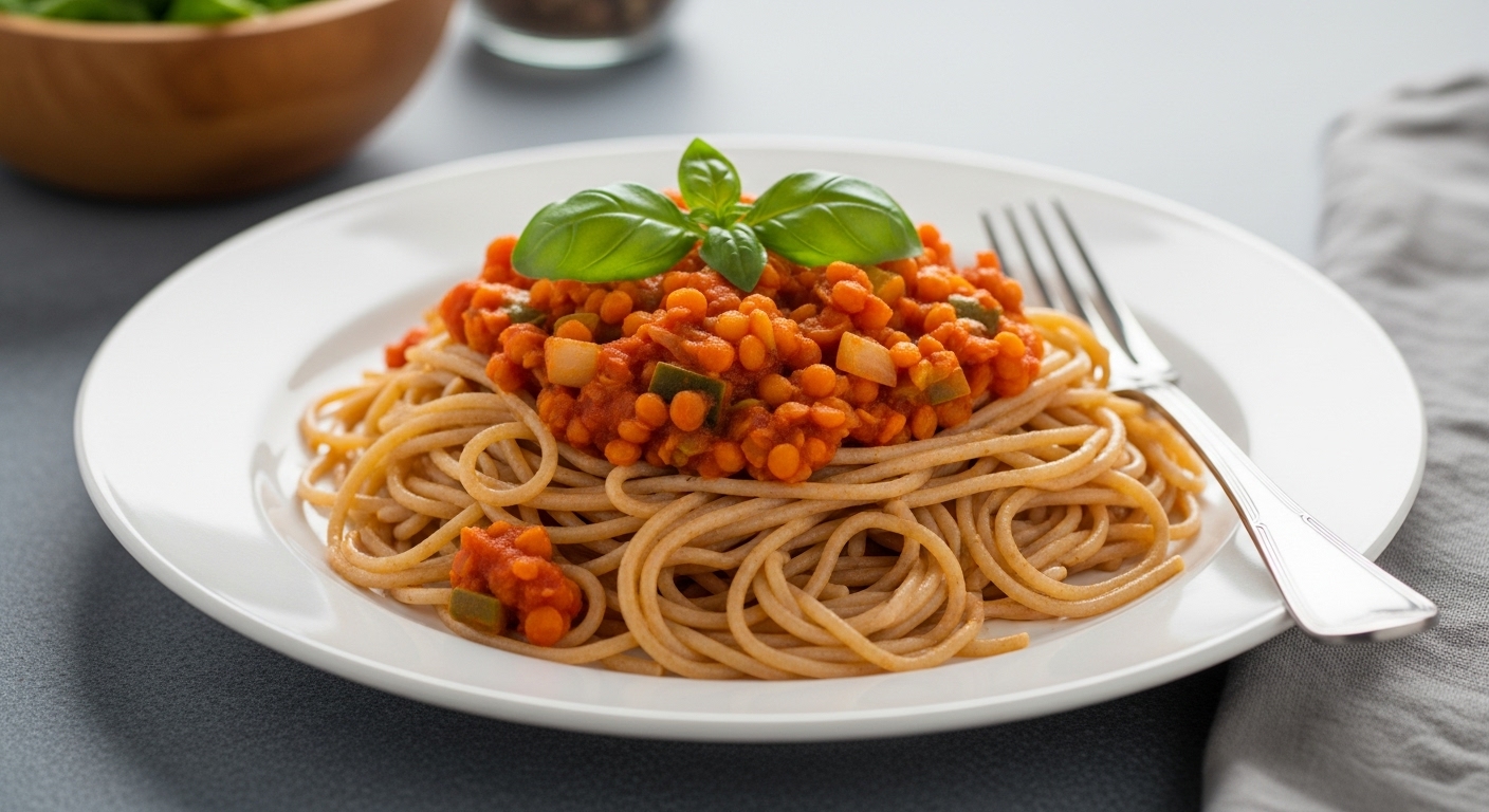 Spaghetti Integrali al Ragù Cremoso di Lenticchie Rosse e Verdure