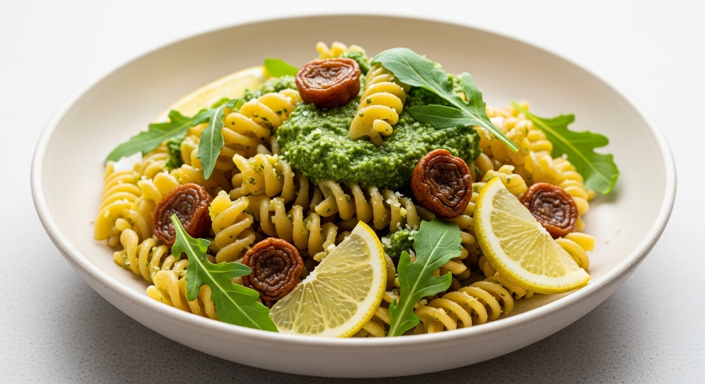 Fusilli Integrali con Pesto di Rucola, Noci e Limone