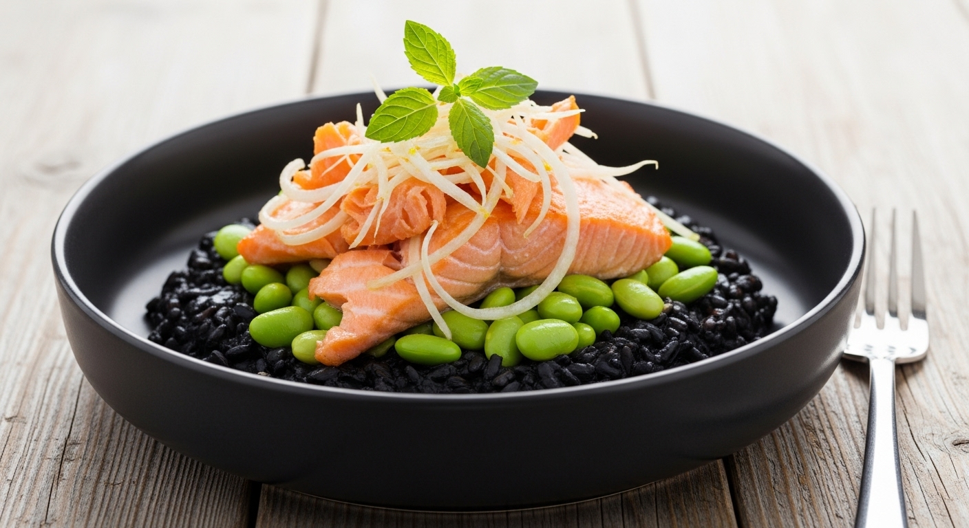 Riso Venere Salmone, Edamame e Menta Fresca