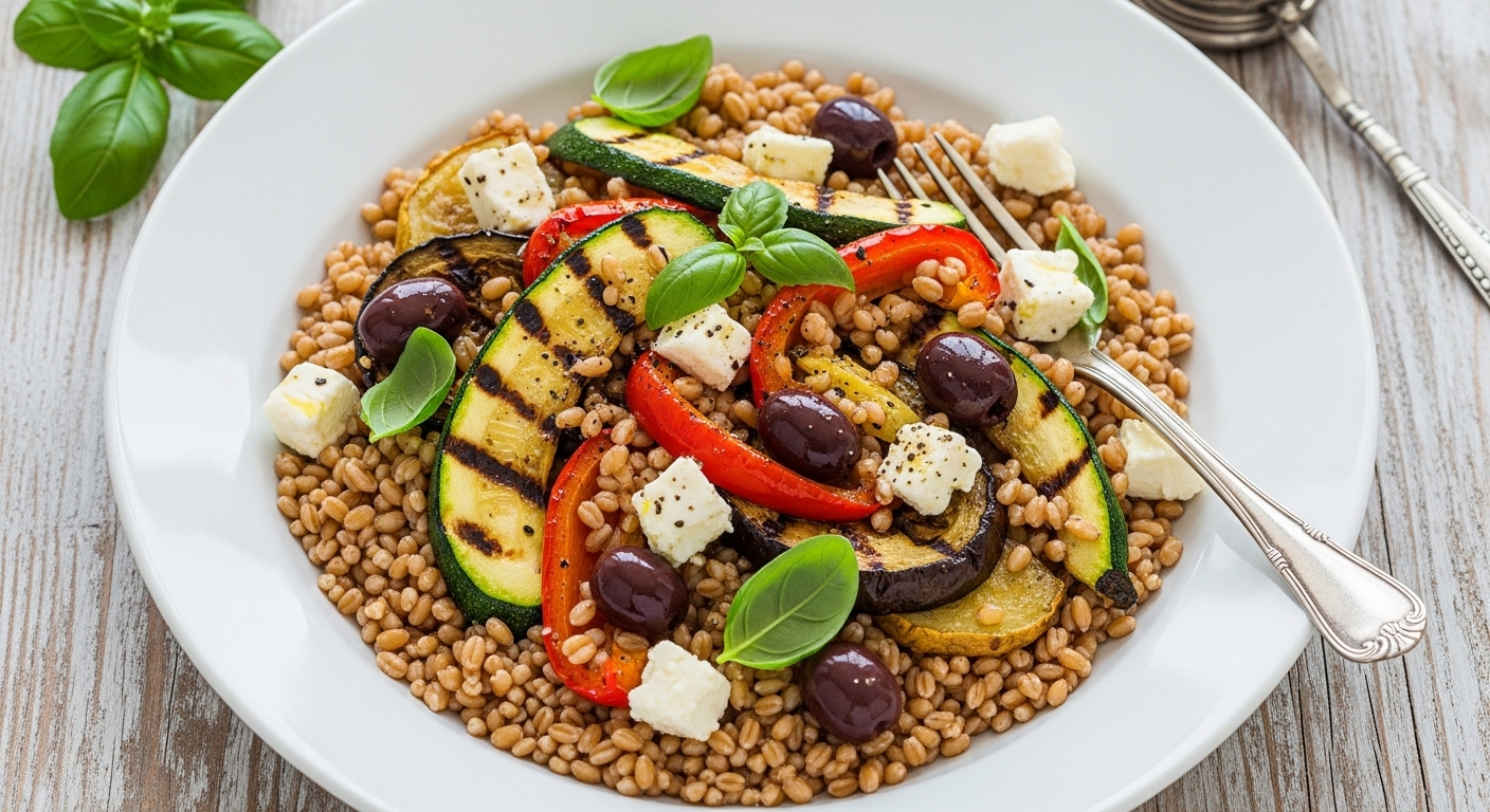 Farro con Verdure Grigliate, Feta & Olive Nere