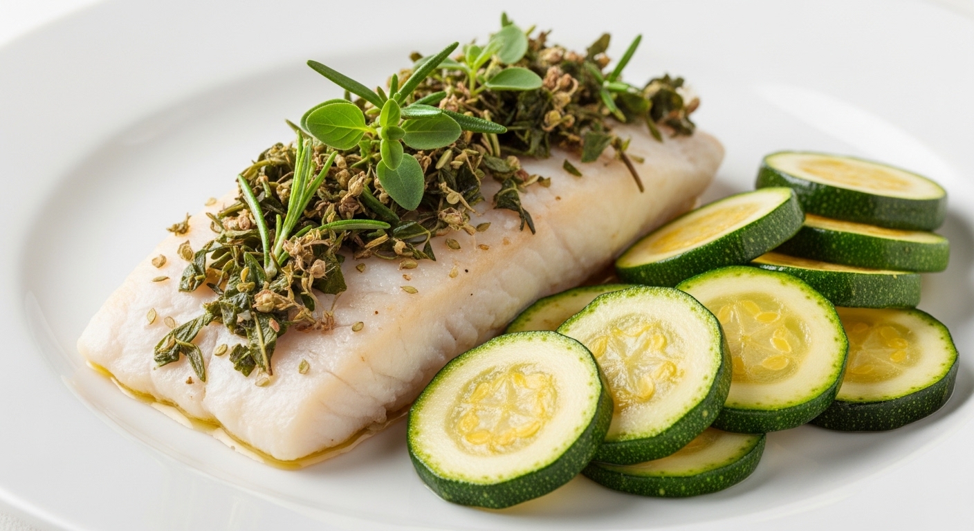 Merluzzo al Vapore con Erbe Mediterranee e Zucchine